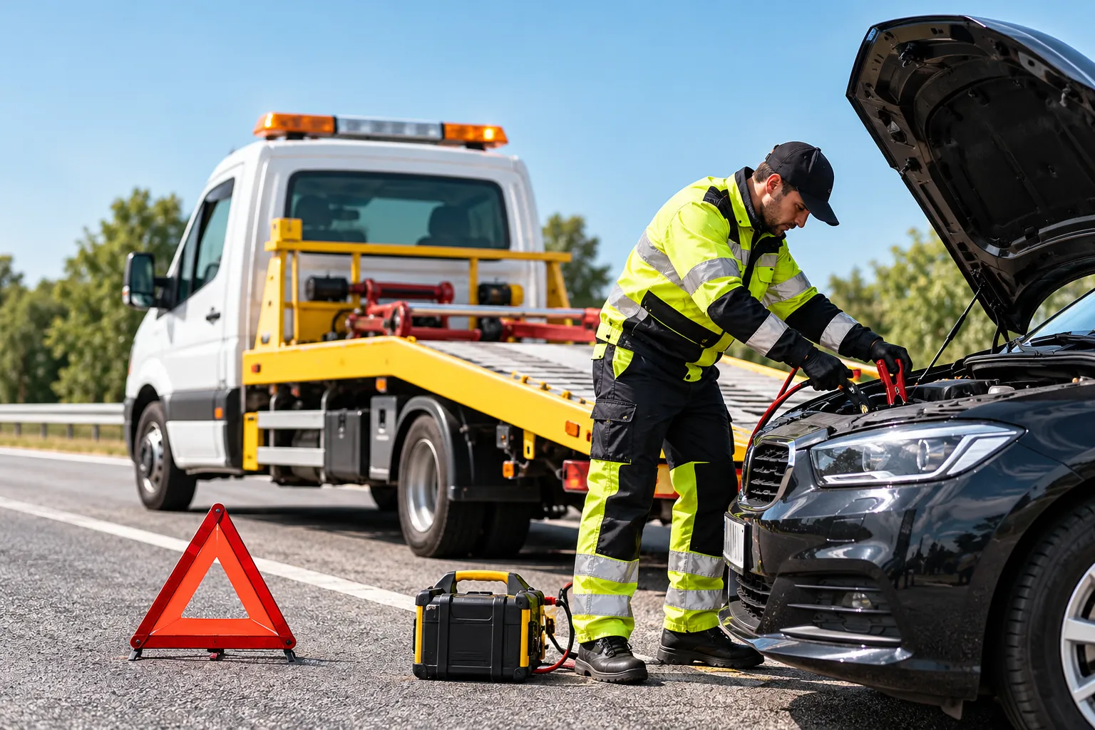 Illustration einer Starthilfe mit Batteriekabeln am Fahrzeug